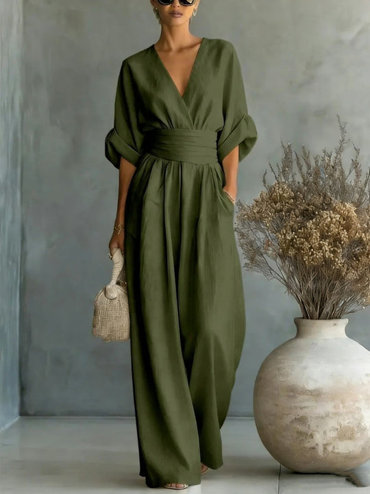 Eleganter Ärmelloser Jumpsuit mit Tiefem V-Ausschnitt, Taillenbund und Weitem Bein Avellé