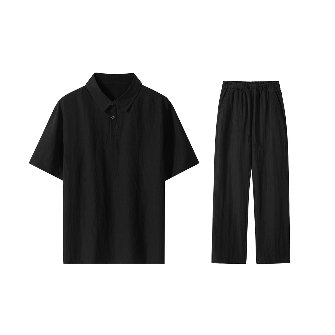 Herren Zweiteiliges Lounge-Set aus leichtem Baumwollmix mit Polokragen und Gummizughose Nord Taschen