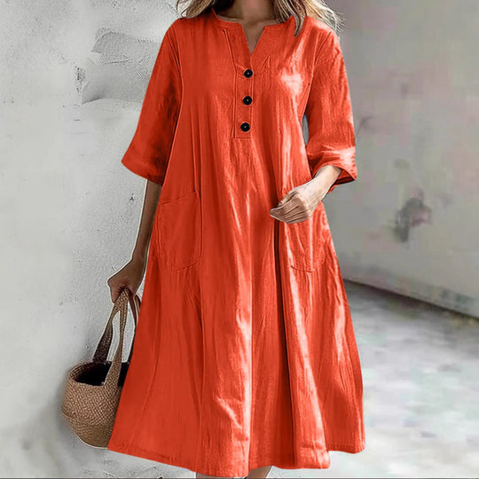 Damen lässiges Baumwollkleid mit Knopfleiste und praktischen Taschen