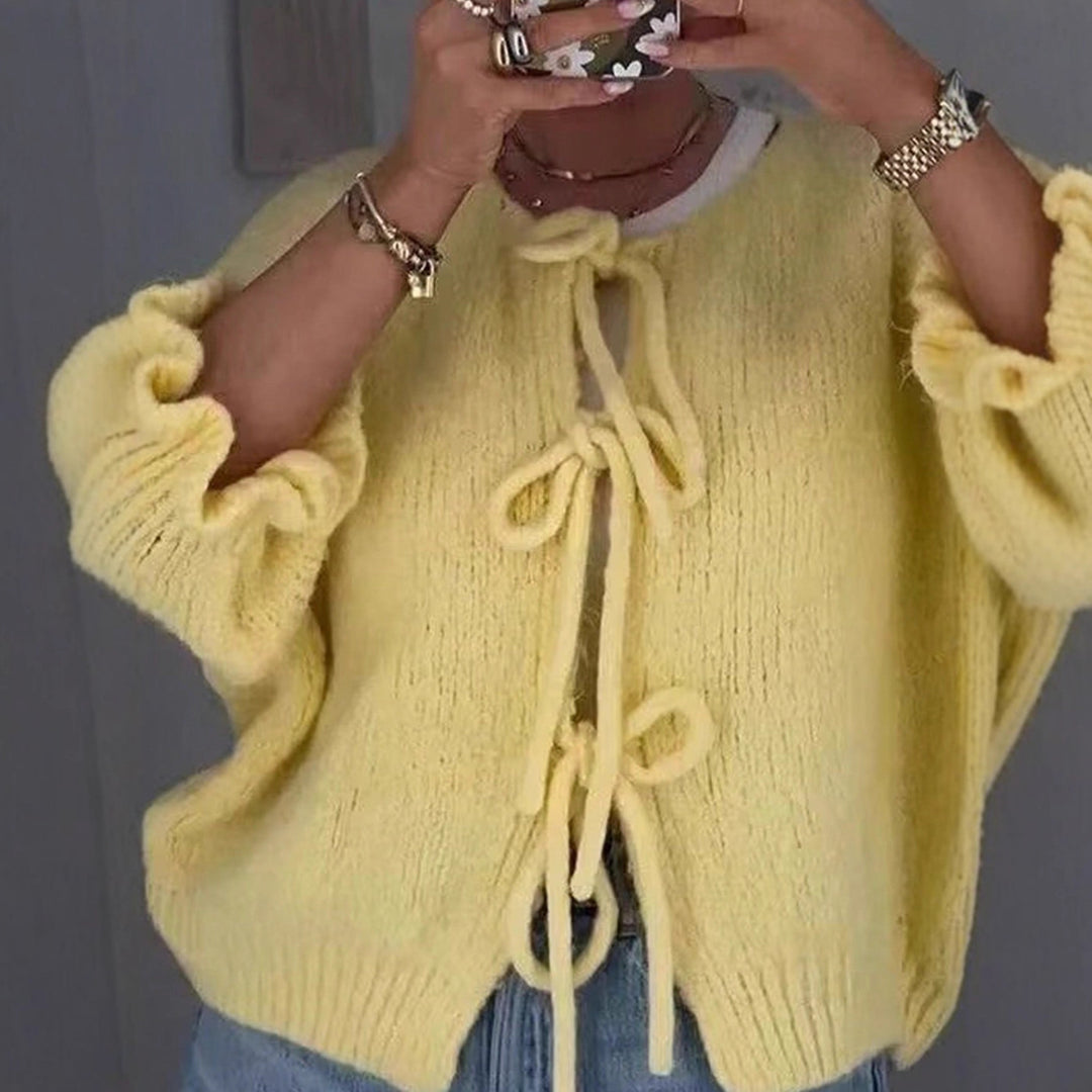 Damen Kuschelige Kurzstrickjacke mit Bindedetails, Volantärmeln und lockerem Oversize‑Schnitt Nord Taschen