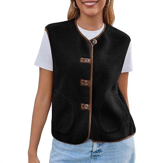Damen Teddy-Fleece-Weste mit Rundhalsausschnitt und Knopfverschluss Nord Taschen