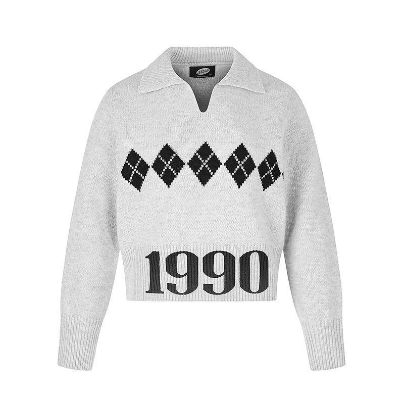 Damen Cropped Strickpullover mit Polokragen, Rippbund und Argyle‑Motiv Nord Taschen