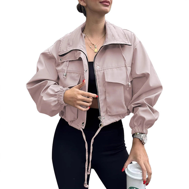 Damen Kurze Utility-Bomberjacke mit Kordelzug und Oversized-Ärmeln Nord Taschen