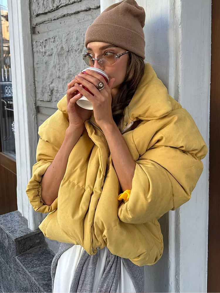 Damen Kurze wattierte Cropped-Pufferjacke mit voluminösen Ballonärmeln Nord Taschen