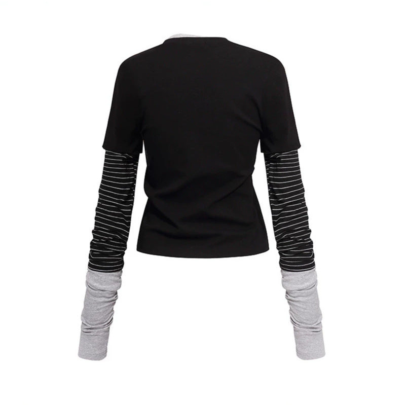 Damen Lagenlook-Langarmshirt mit gestreiften Einsatzärmeln und Badge Nord Taschen