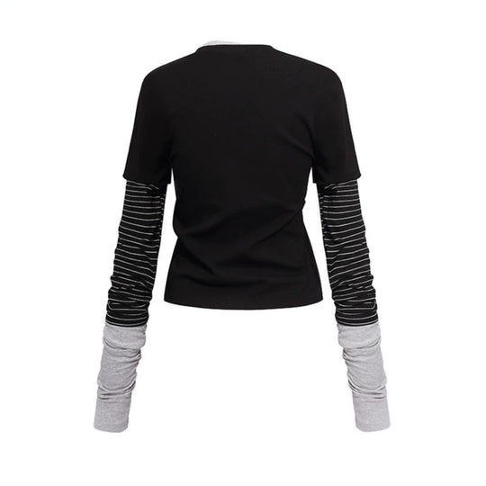 Damen Lagenlook-Langarmshirt mit gestreiften Einsatzärmeln und Badge Nord Taschen