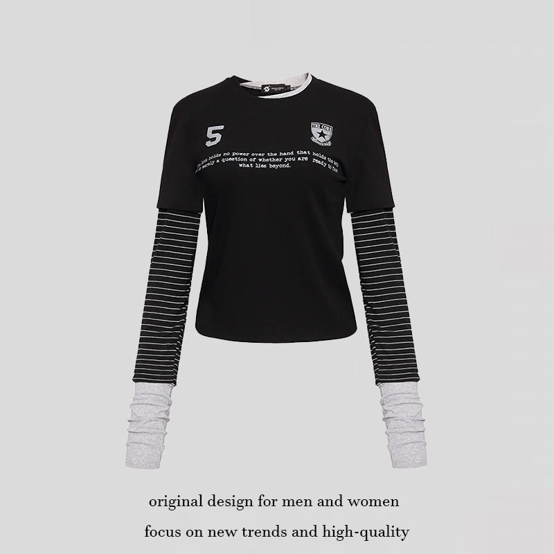 Damen Lagenlook-Langarmshirt mit gestreiften Einsatzärmeln und Badge Nord Taschen