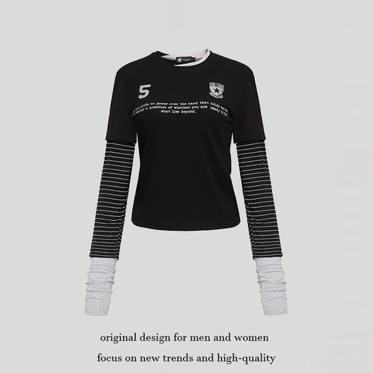 Damen Lagenlook-Langarmshirt mit gestreiften Einsatzärmeln und Badge Nord Taschen