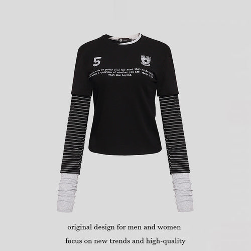 Damen Lagenlook-Langarmshirt mit gestreiften Einsatzärmeln und Badge Nord Taschen