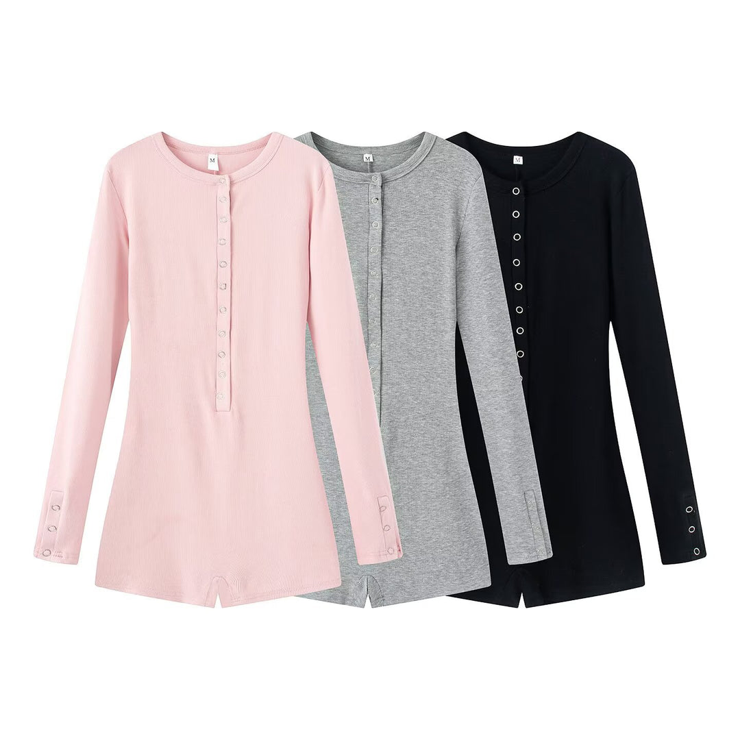 Damen Leichter Rippstrick-Einteiler mit Henley-Knopfleiste und Druckknopfstepper Nord Taschen