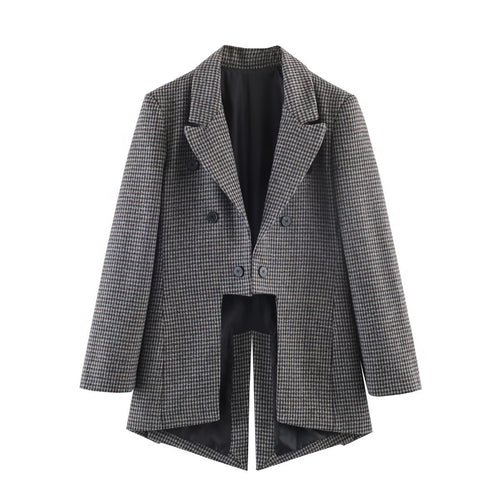 Damen Zweireihiger Hahnentritt-Blazer mit offenem Schlitz-Saum und taillierter Silhouette Nord Taschen