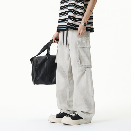 Damen Weite Cargo-Hose im Baggy-Stil mit Tunnelzugbund, Multifachtaschen und Used-Waschung Nord Taschen