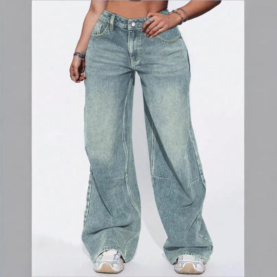 Damen High-Waist Weite Vintage-Denim Baggy-Jeans mit entspanntem Schlag Nord Taschen