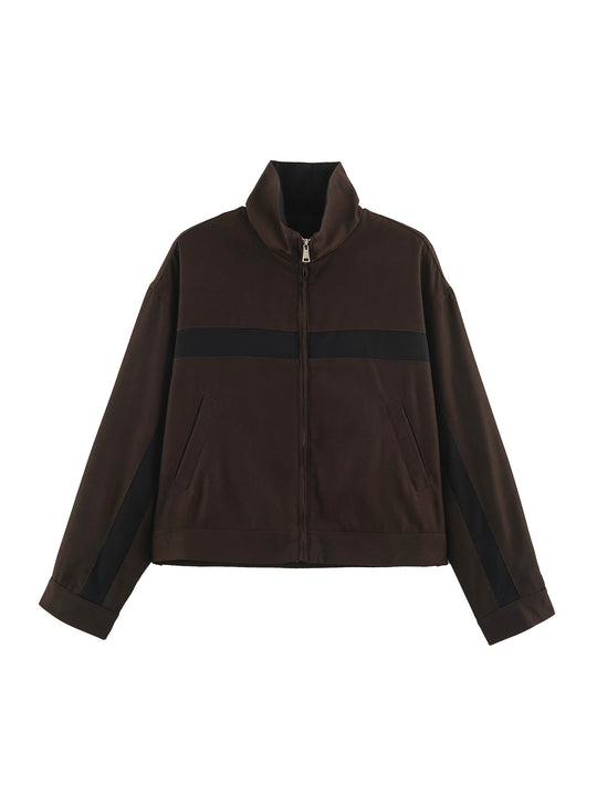 Damen Cropped Boxy-Trackjacke mit Stehkragen und Kontraststreifen Nord Taschen