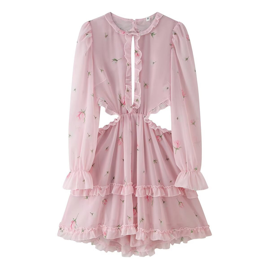Damen Romantisches Chiffon-Minikleid mit Taillen-Cutouts, Volants und Puffärmeln Nord Taschen