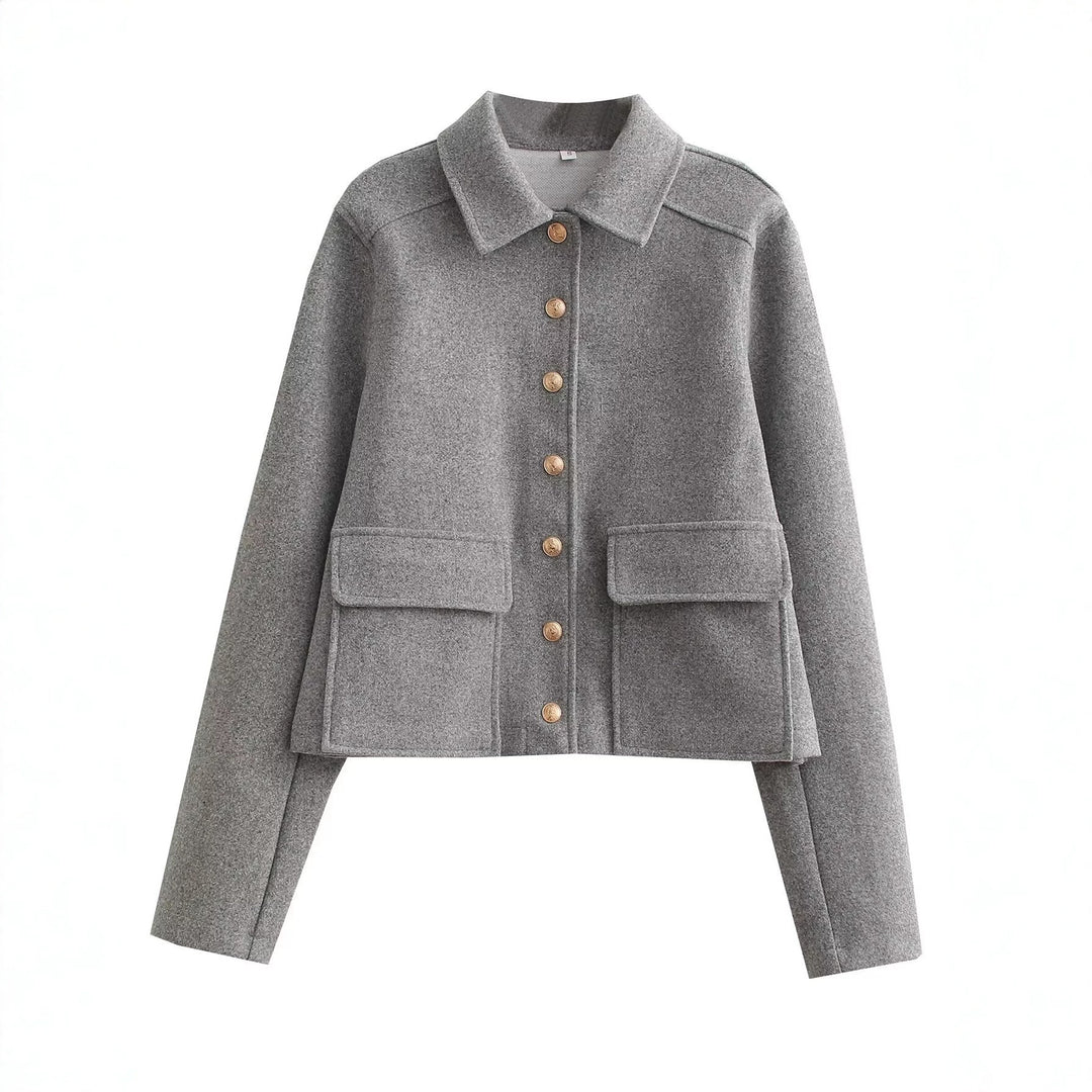 Damen Kurze Boxy-Wollmix-Jacke mit aufgesetzten Pattentaschen und goldfarbenen Zierknöpfen Nord Taschen