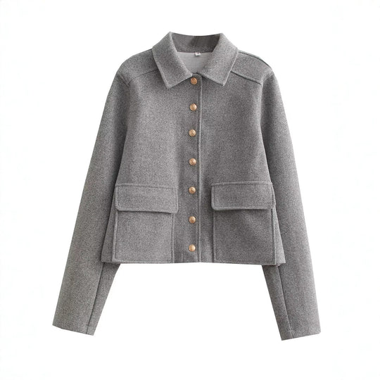 Damen Kurze Boxy-Wollmix-Jacke mit aufgesetzten Pattentaschen und goldfarbenen Zierknöpfen Nord Taschen
