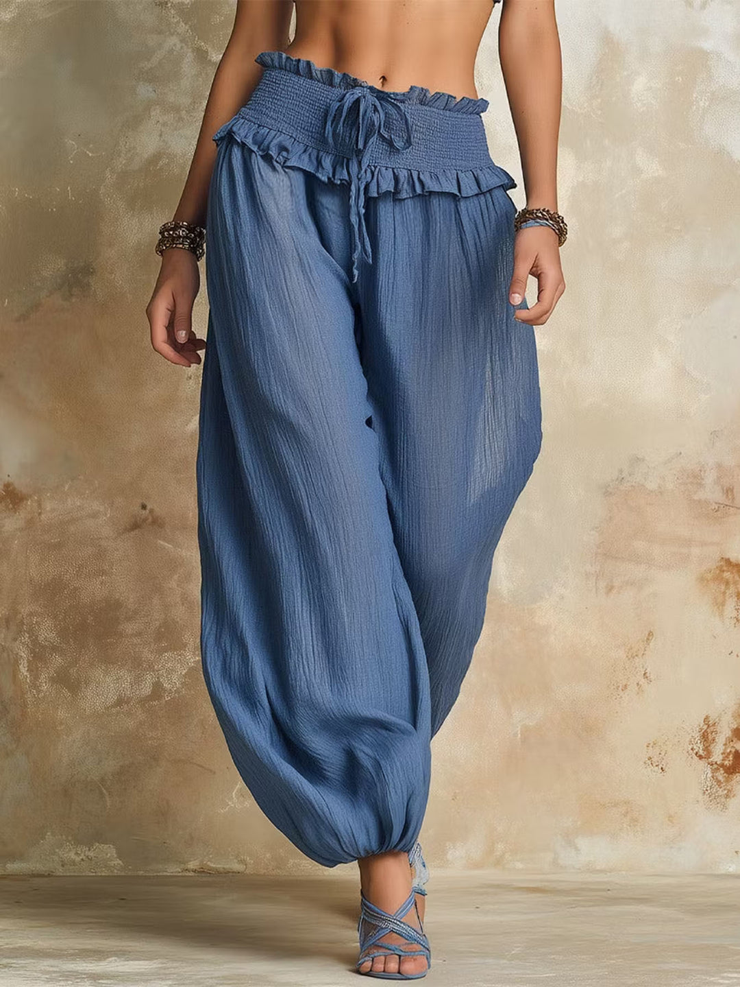Damen Weite Haremshose mit gerafftem Smock-Bund und elastischen Knöchelabschlüssen Nord Taschen