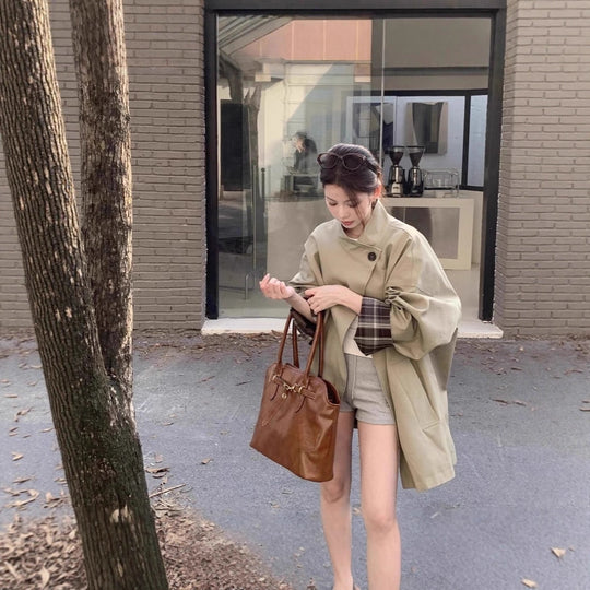 Damen Oversized Kurzmantel mit Stehkragen und kariertem Ärmelfutter Nord Taschen