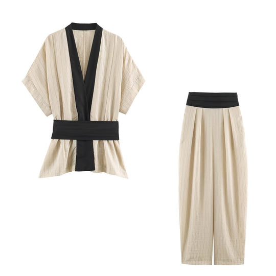 Damen Kimono-Wrap-Bluse mit Kontrastbesatz und Taillengürtel Nord Taschen