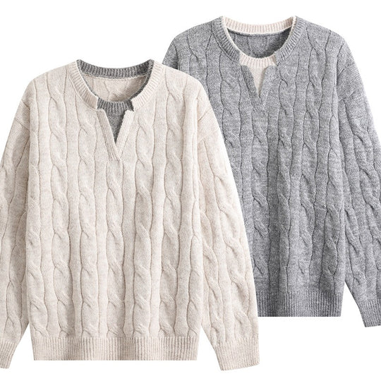 Damen Oversize Zopfmuster-Pullover mit V‑Schlitzkragen Nord Taschen
