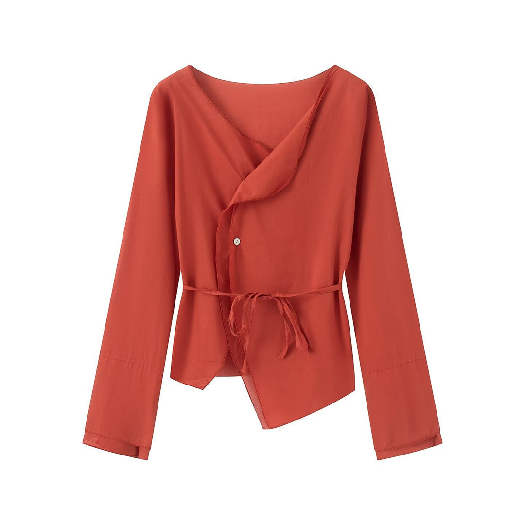 Damen Wickelbluse mit asymmetrischer Vorderseite, V‑Ausschnitt und Bindegürtel Nord Taschen