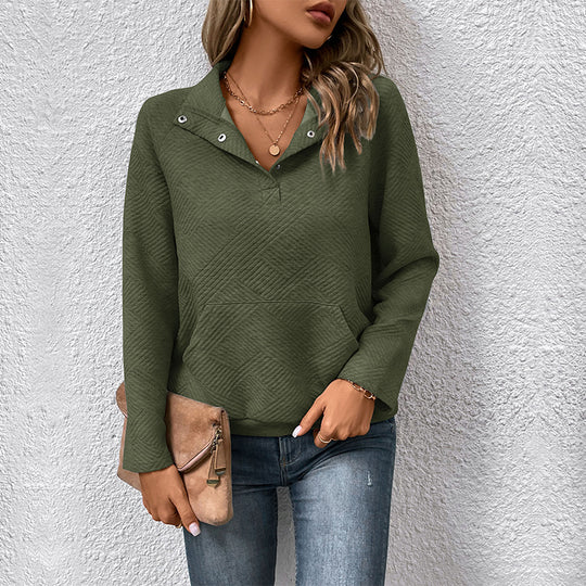 Damen Steppstrukturiertes Sweatshirt mit Druckknopfkragen, V‑Ausschnitt und Kängurutasche Nord Taschen
