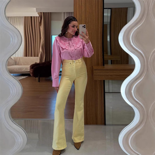 Damen Bluse mit übergroßem besticktem Spitzenkragen, Ballonärmeln & kastiger Silhouette Nord Taschen