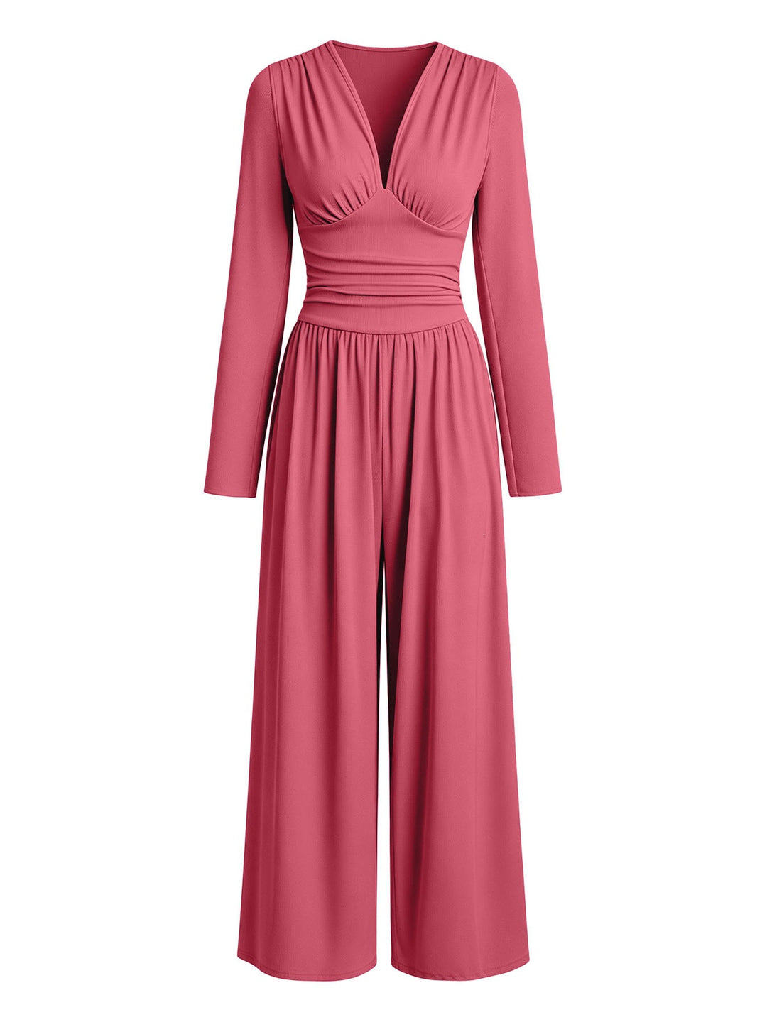 Damen Eleganter V‑Ausschnitt Jumpsuit mit tailliertem Wickelbund und weitem Hosenbein Nord Taschen