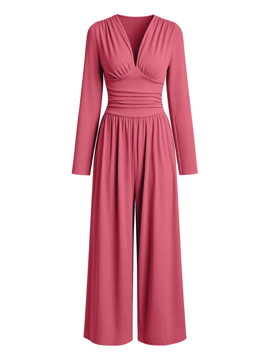 Damen Eleganter V‑Ausschnitt Jumpsuit mit tailliertem Wickelbund und weitem Hosenbein Nord Taschen