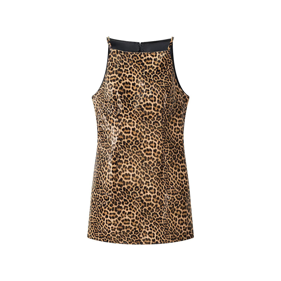 Damen Leopard-Minikleid mit schmalen Trägern und hochgeschlossenem Ausschnitt Nord Taschen