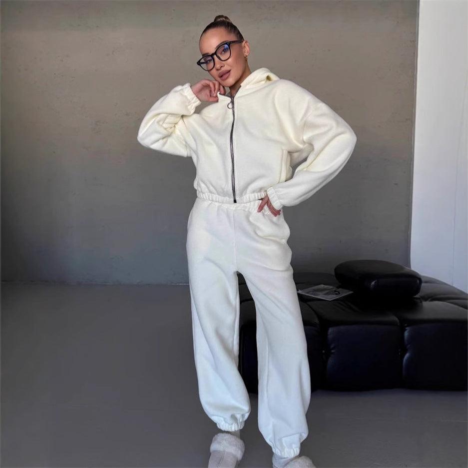 Damen kuscheliges Fleece-Hoodie und Jogginghose Lounge-Set mit Reißverschluss Kapuze elastischem Bund Nord Taschen