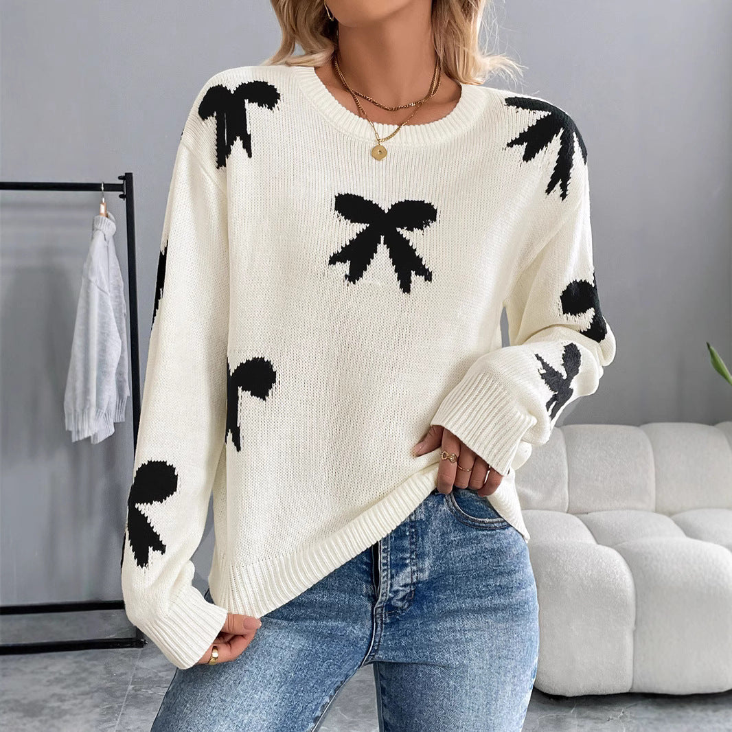 Damen Gestrickter Rundhals-Pullover mit Schleifen-Jacquard und relaxed Fit Nord Taschen
