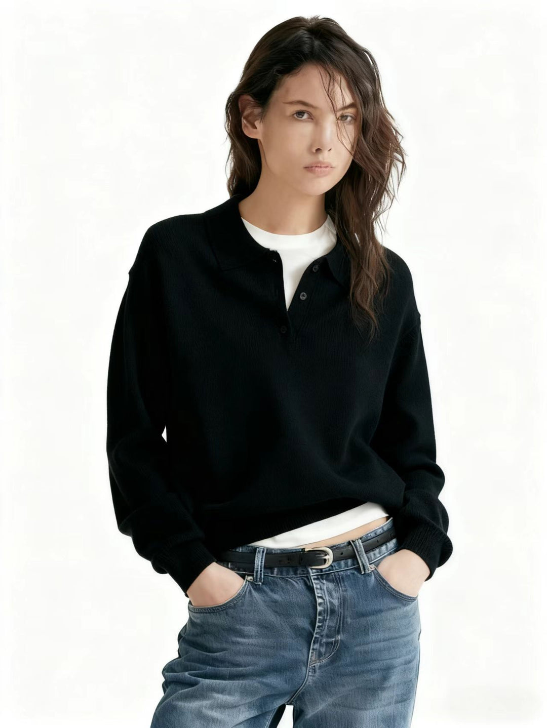 Damen Lässiger Polopullover aus weichem Strick Nord Taschen