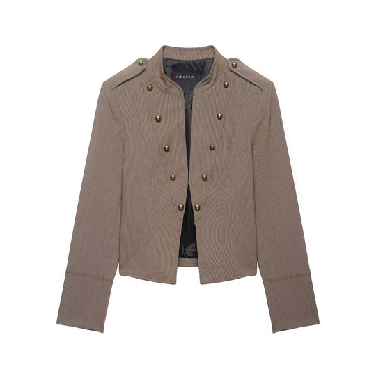 Damen Militärinspirierte Kurzjacke mit Stehkragen, doppelter Zierknopfleiste und Epauletten Nord Taschen