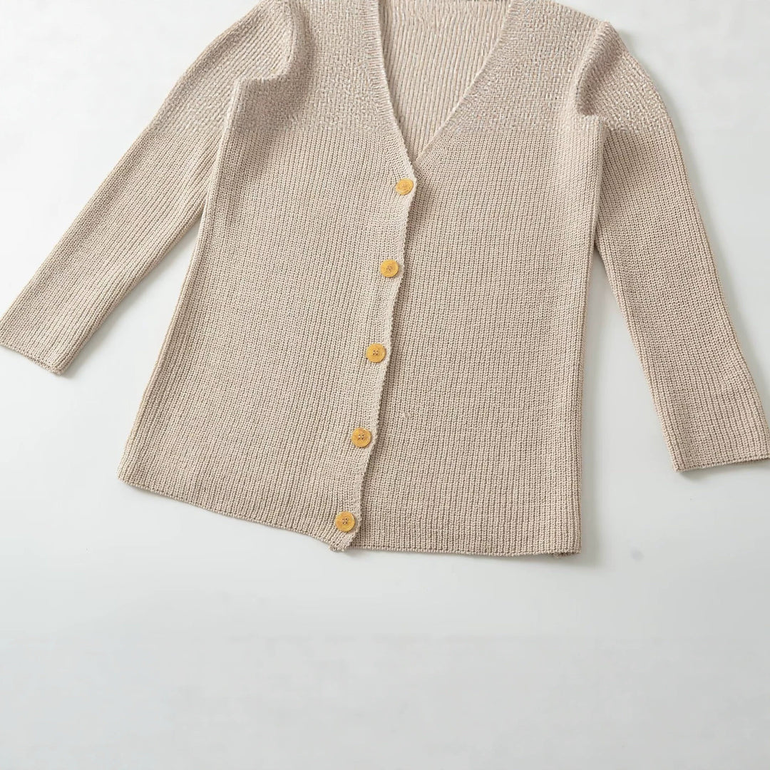 Damen Longline Strickcardigan mit V‑Ausschnitt und Holzknöpfen Nord Taschen