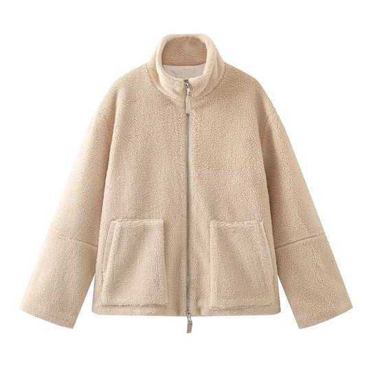 Damen Boxy-Teddyfleece-Jacke mit Stehkragen, Zwei-Wege-Reißverschluss und aufgesetzten Taschen Nord Taschen