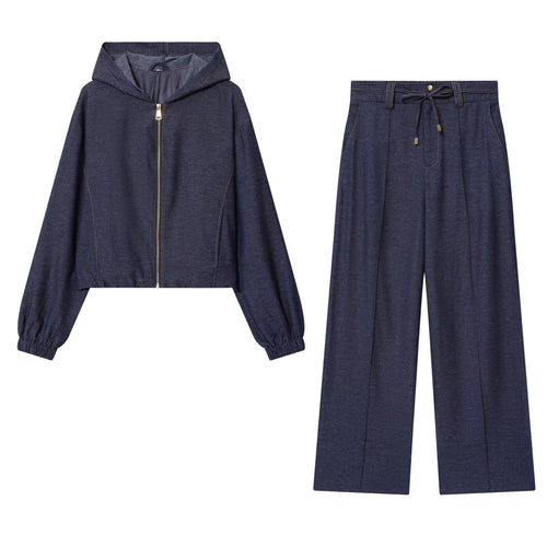 Damen Zweiteiler aus Denim‑Jersey Kapuzenjacke mit Reißverschluss und weiter Bundfaltenhose Nord Taschen