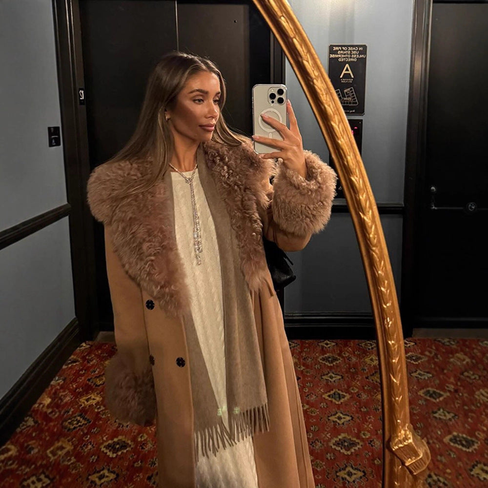 Damen Maxilanger Wollmixmantel mit abnehmbarem lockigem Faux‑Fur‑Schalkragen und Fellmanschetten Nord Taschen