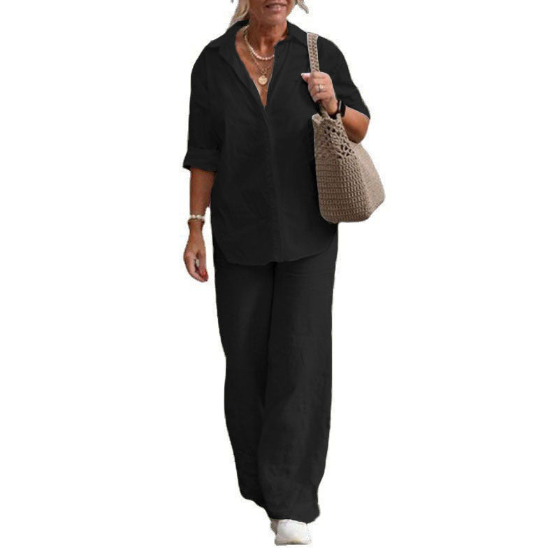 Damen Leichtes Leinen-Optik Zweiteiler mit Oversize-Hemd und weiter Palazzohose Nord Taschen