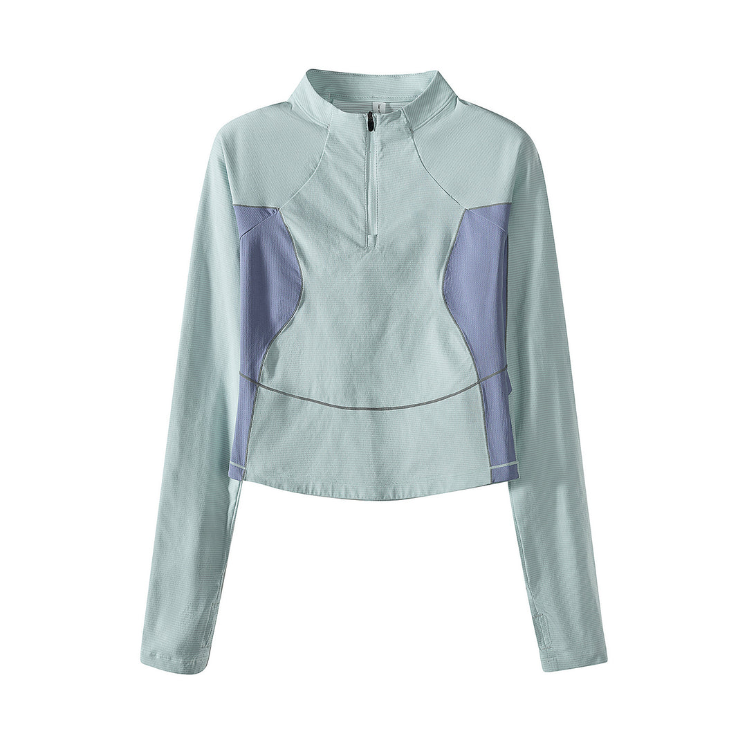Damen Cropped Halbzip-Trainingsshirt mit Raglanärmeln und Kontrastpaneelen Nord Taschen