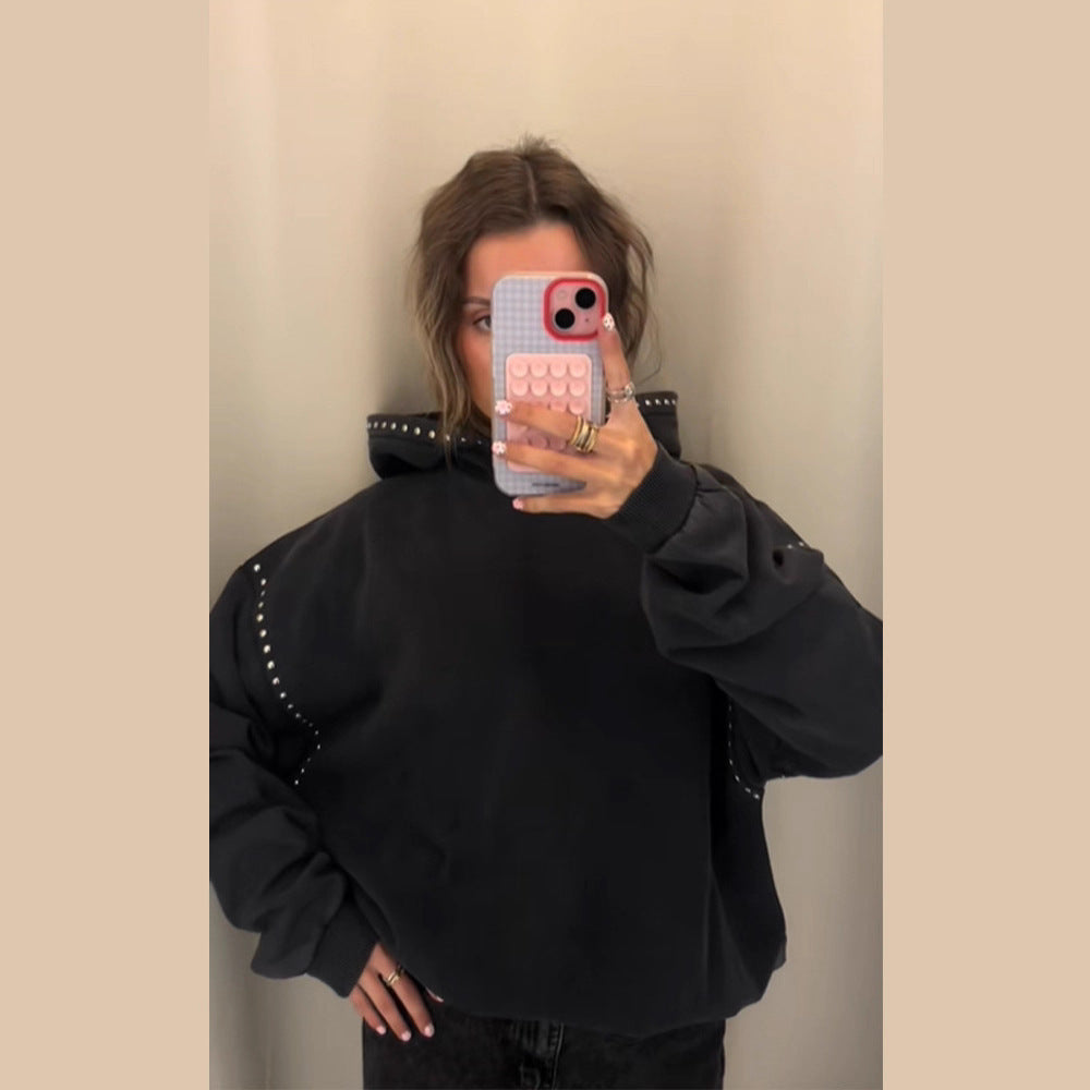 Damen Oversized Kapuzenpullover mit Nietenbesatz und Ballonärmeln Nord Taschen