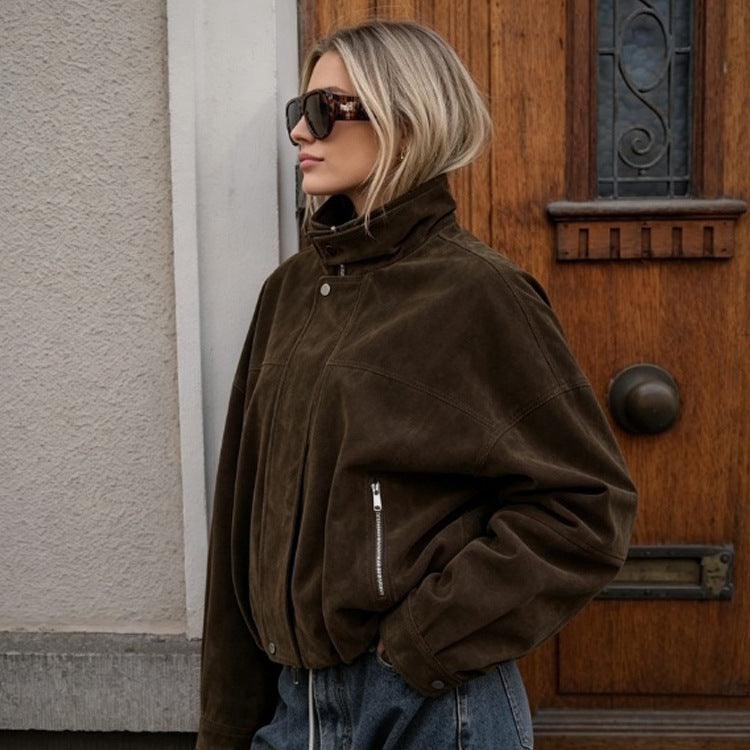 Damen Boxy-Suede-Bomberjacke mit hohem Stehkragen und elastischem Saum Nord Taschen