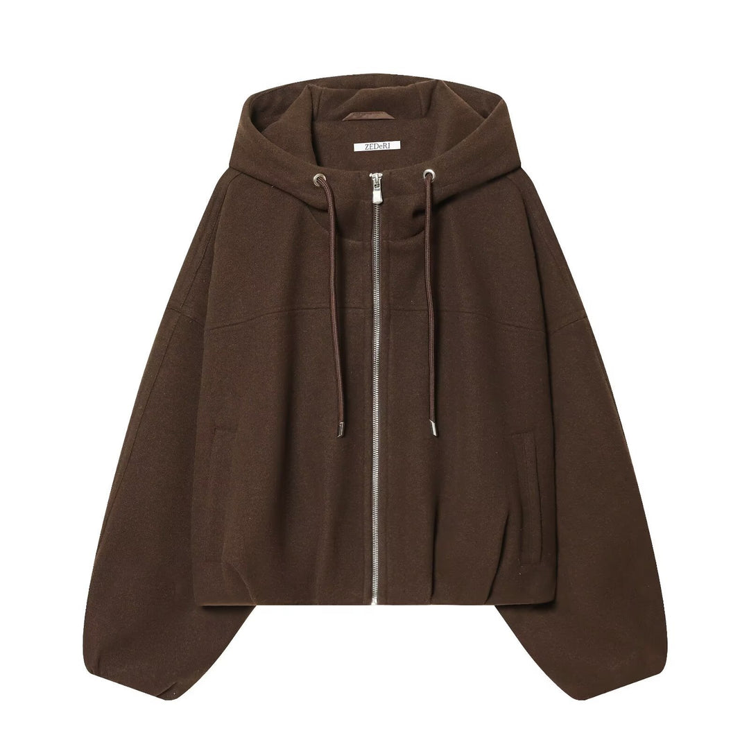 Damen Oversize-Wollmix-Kapuzenjacke mit Reißverschluss und Tunnelzug Nord Taschen