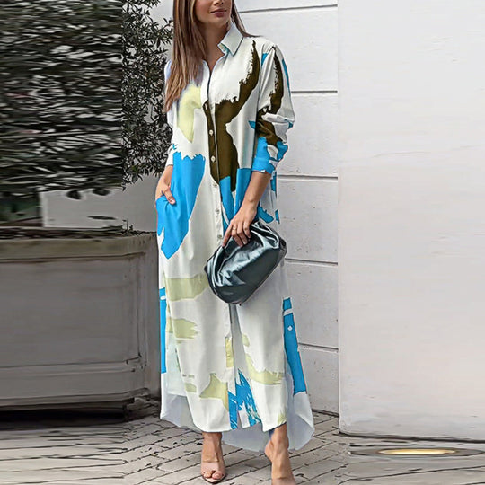 Damen Langes Hemdblusenkleid mit abstraktem Pinselprint und seitlichen Eingrifftaschen Nord Taschen
