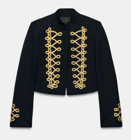 Damen Taillierter Cropped Militärblazer mit Stehkragen und goldverzierten Epauletten Nord Taschen
