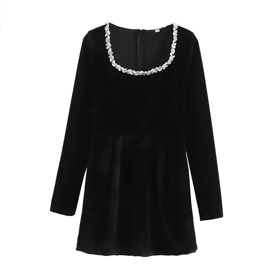 Damen Samt‑Minikleid mit quadratischem Ausschnitt, Perlenblütenbesatz und A‑Linien‑Silhouette Nord Taschen