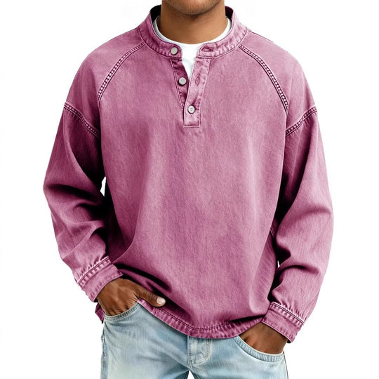 Herren Langarm-Henley Sweatshirt mit Stehkragen und Vintage-Denim-Effekt Nord Taschen