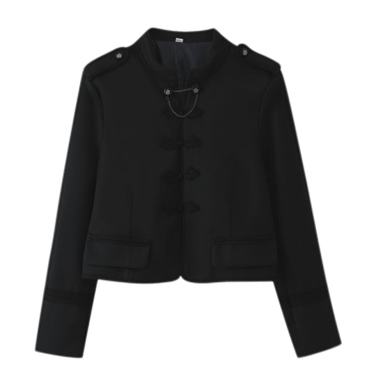 Damen Kurzblazer mit Stehkragen, Zierknoten und Schulterklappen Nord Taschen