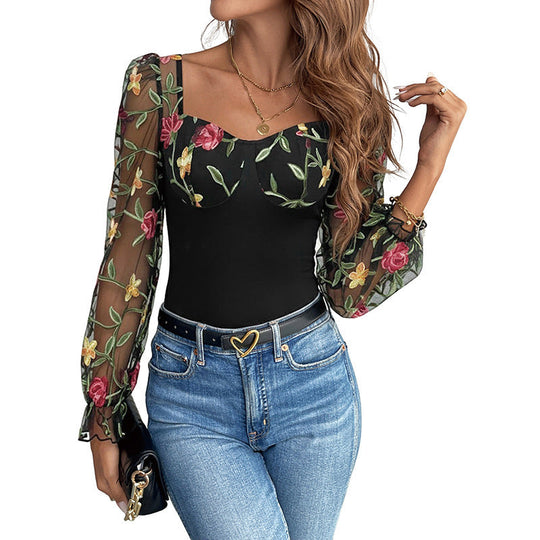 Damen Figurformender Mesh-Body mit Korsettoptik, Balconette-Ausschnitt und bestickten Transparentärmeln Nord Taschen